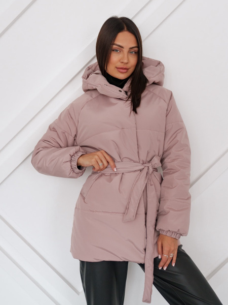 Полупальто женское зимнее с капюшоном, бежево-розовое